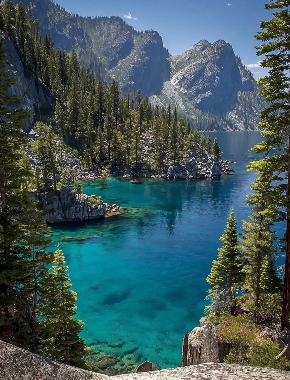 A clear blue cove below granite peaks at Lake Tahoe