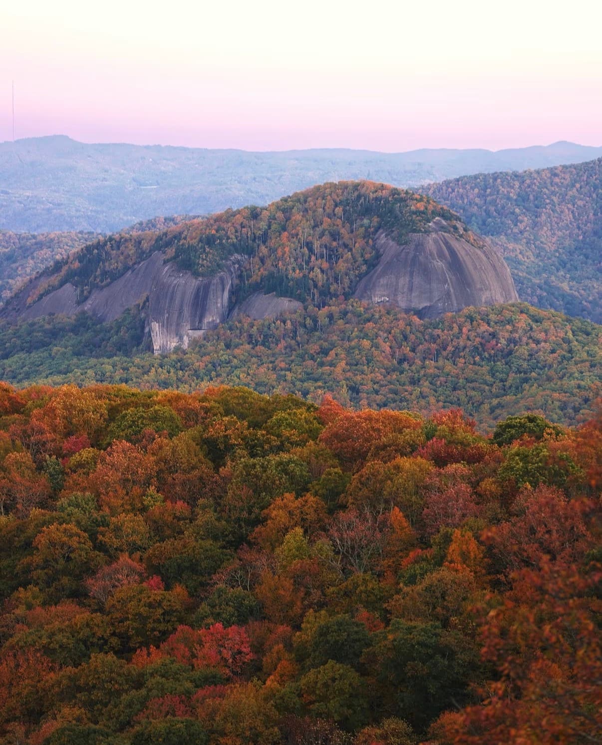 A granite dome rising above Blue Ridge forest in full autumn colour