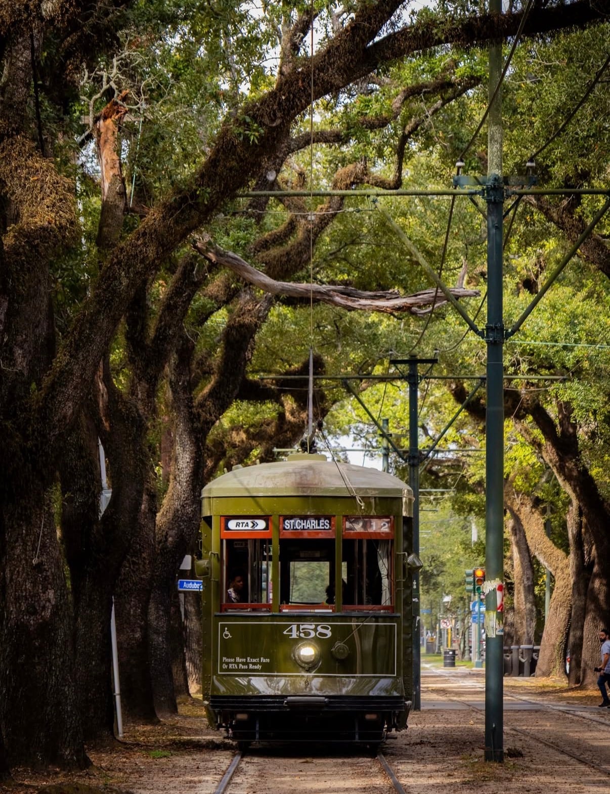 A green streetcar passing under live oaks on St. Charles Avenue