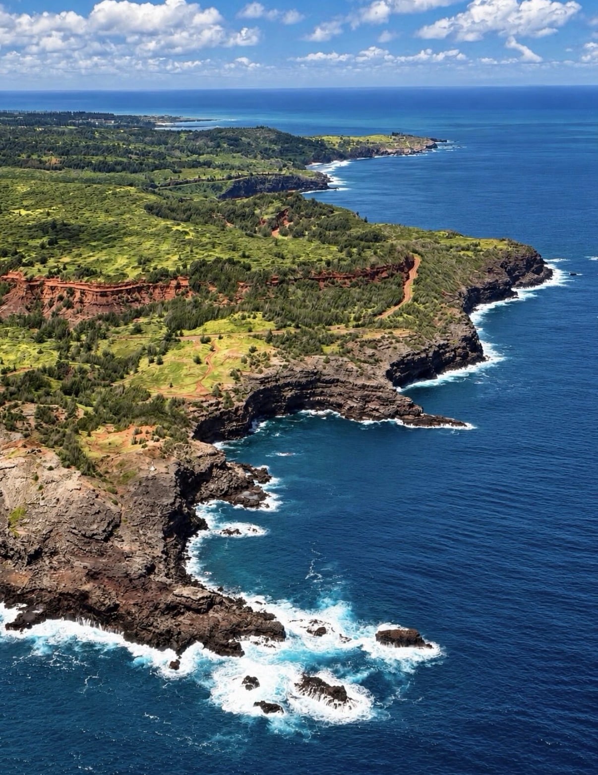 An aerial view of a green Hawaiian coastline with waves breaking on lava rock