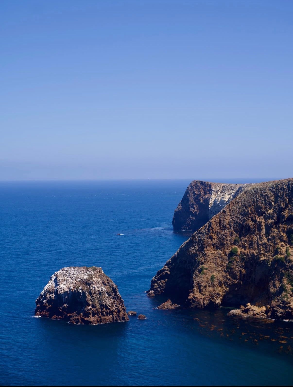 A sea stack below steep island cliffs on a clear day