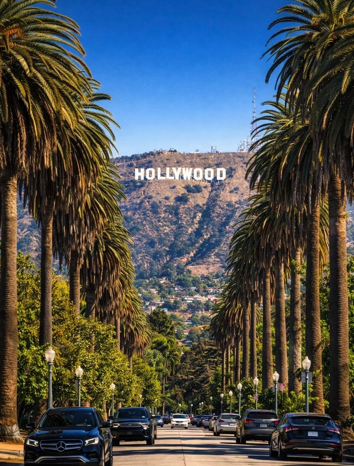 The Hollywood sign on the hills above a palm-lined avenue