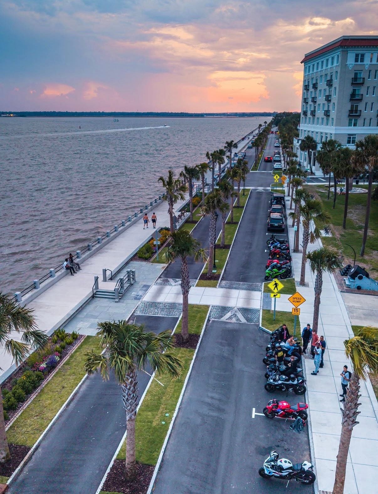 The Charleston Battery from above at sunset, palms along the seawall and the harbor beyond